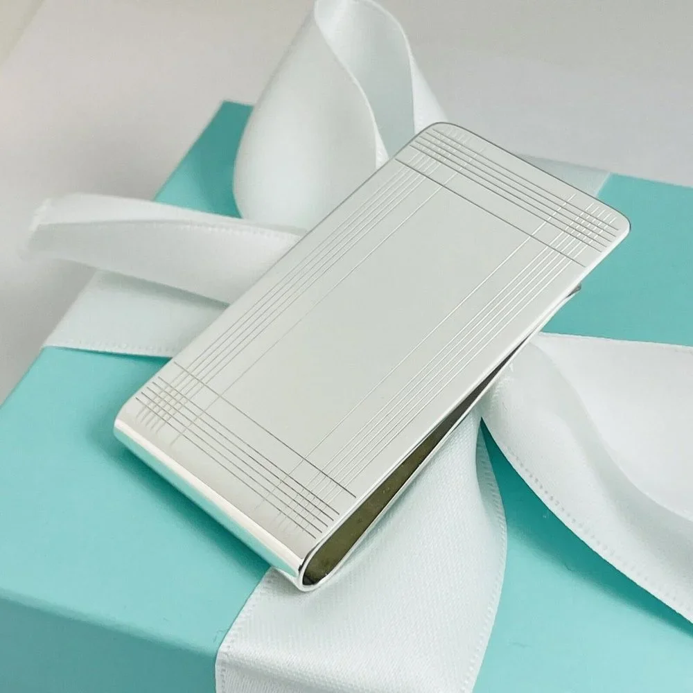 Tiffany & Co Machine Turned Pin Stripe Engravable ID Money Clip in Silver